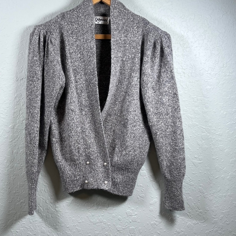 Vintage Odyssey Cardigan Women Silk Angora Rabbit Pearl Button Puff Sleeve Gray